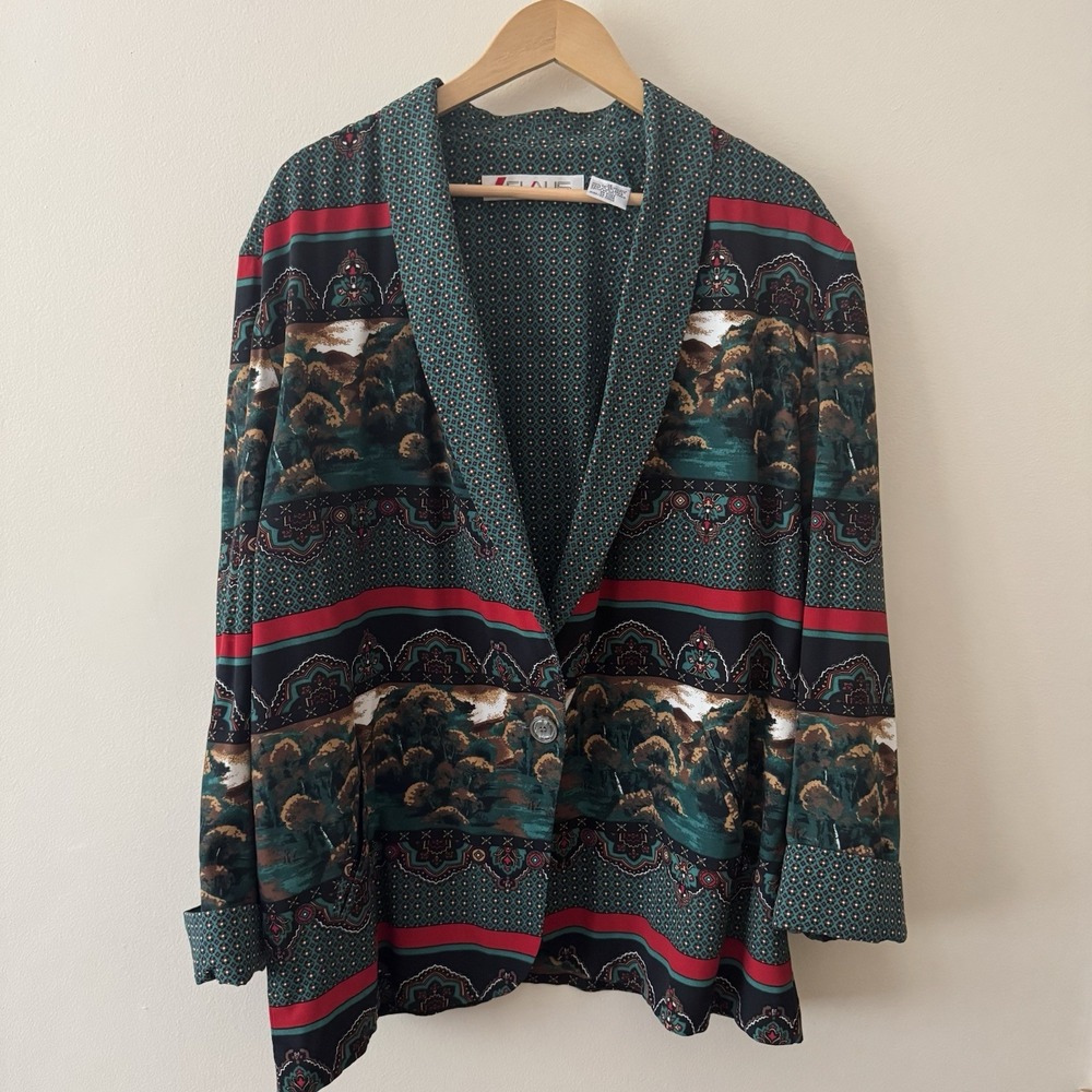 Vintage Chaus Shawl Collar Blazer Jacket One Button Womens 16 Green Red Rayon
